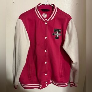 TUPPERWARE Classic Letterman Varsity‎ Style Logo Button Up Jacket Pink White 2XL